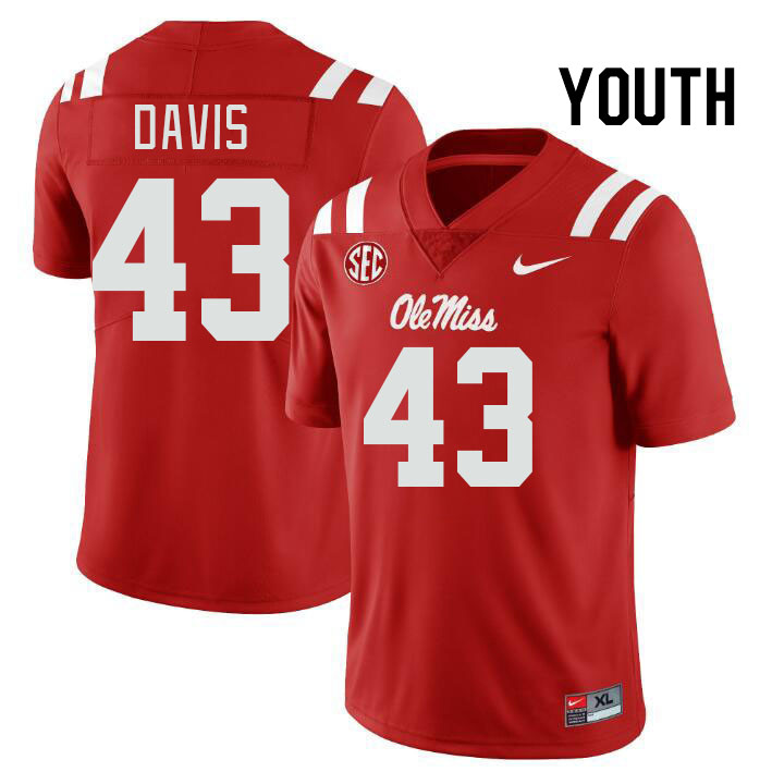 Youth #43 Dylan Davis Ole Miss Rebels College Football Jerseys Stitched-Red